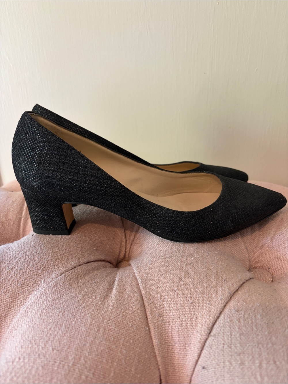 LK Bennett Black Shimmer Low Block Heel Pointed Pumps -Sz 8 1/2
